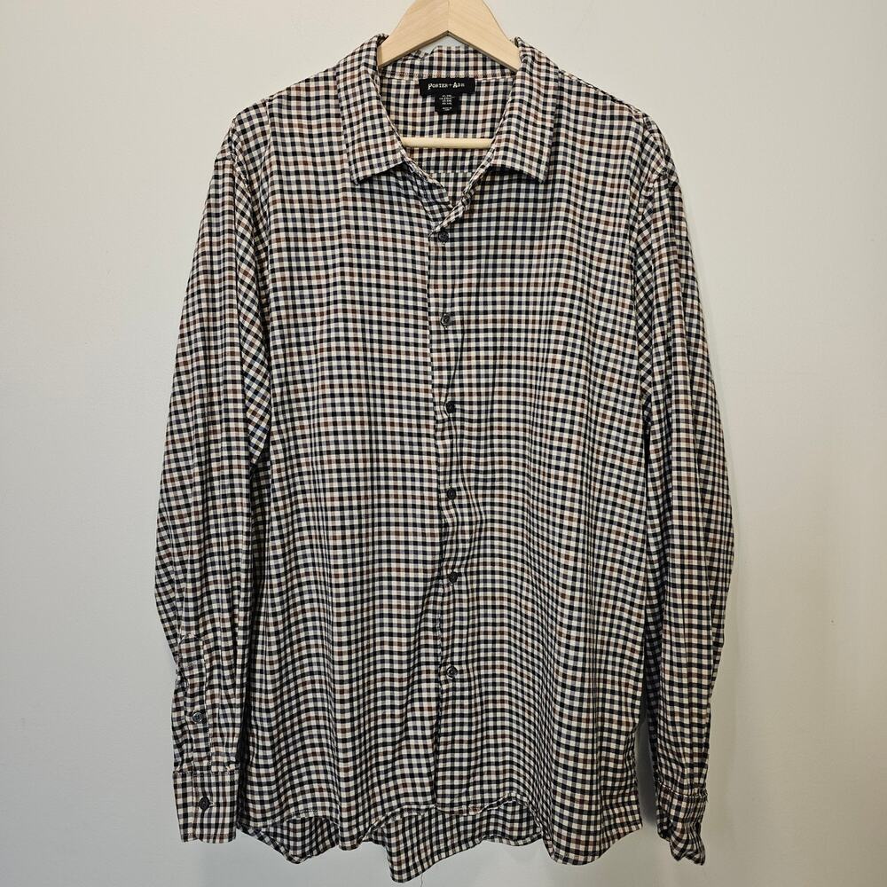 Porter + Ash Men's Gingham Brown‎ Gray Cream Button-down Dress Shirt Size XXL